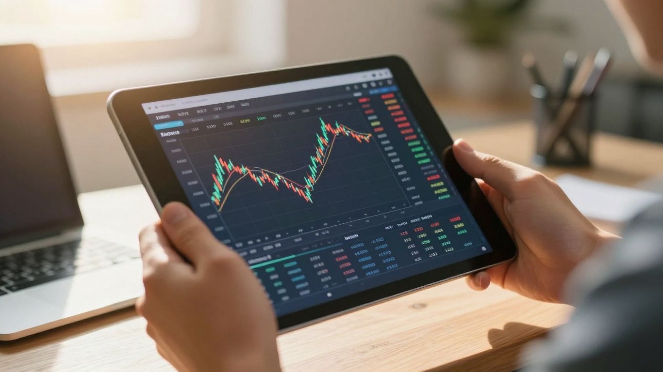 Hands holding tablet with financial market display.